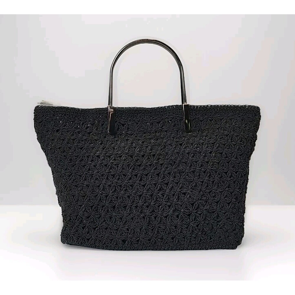 Vintage THE LIMITED Handmade Black Star Flower Crochet Handbag Metal Handles